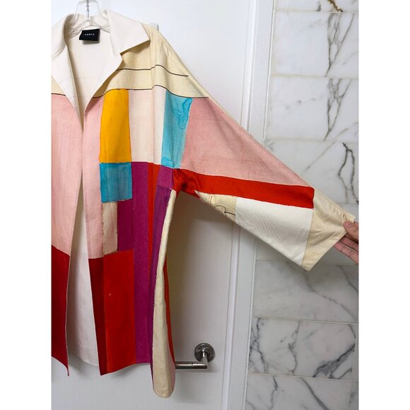 Akris Mural Print Open Front A Line Coat Jacket Red Beige Colorblock Geometric 6 - Picture 7 of 16